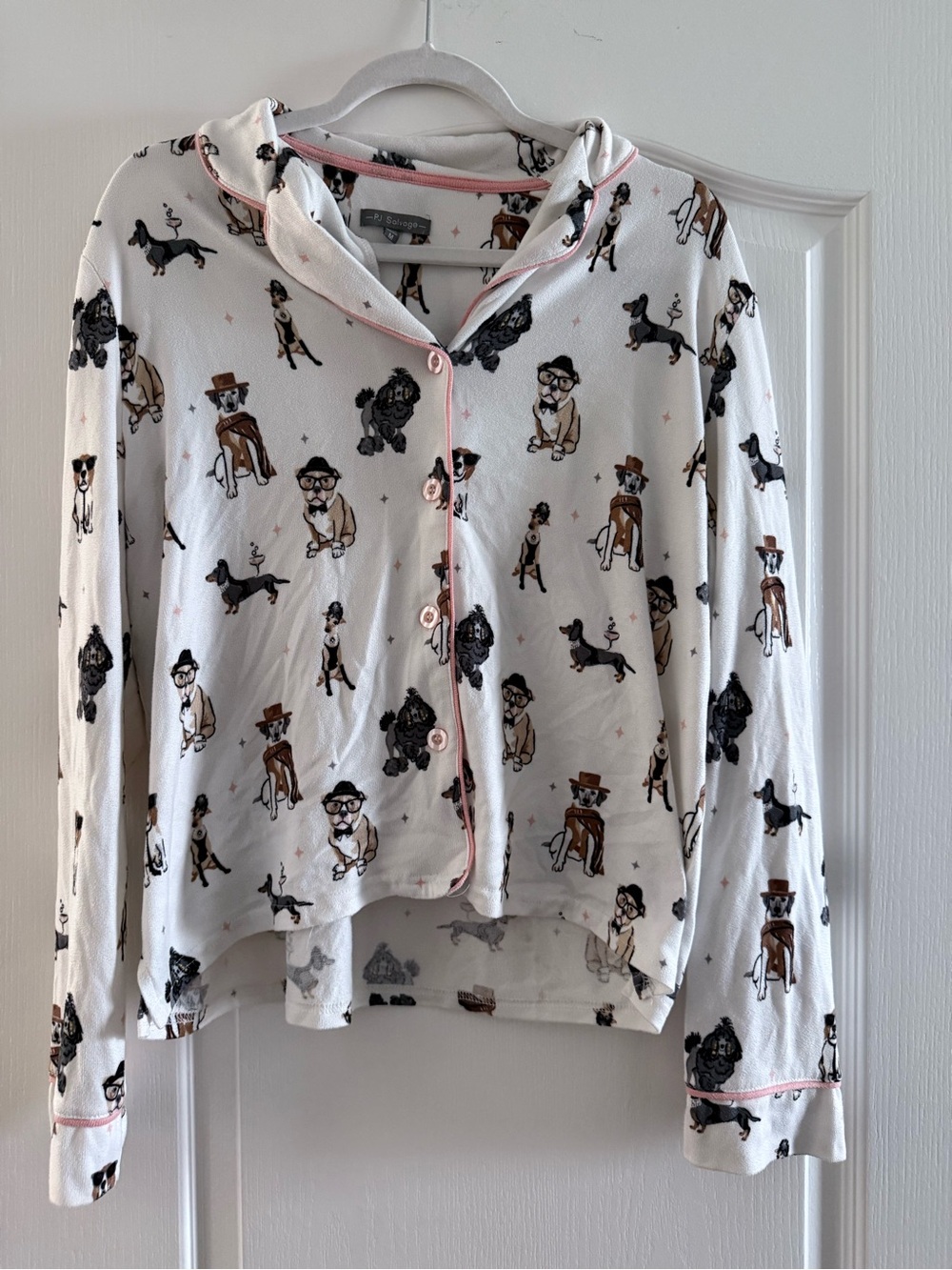 PJ Salvage White Dog-Print Button Pajama Top with Pink Piping
